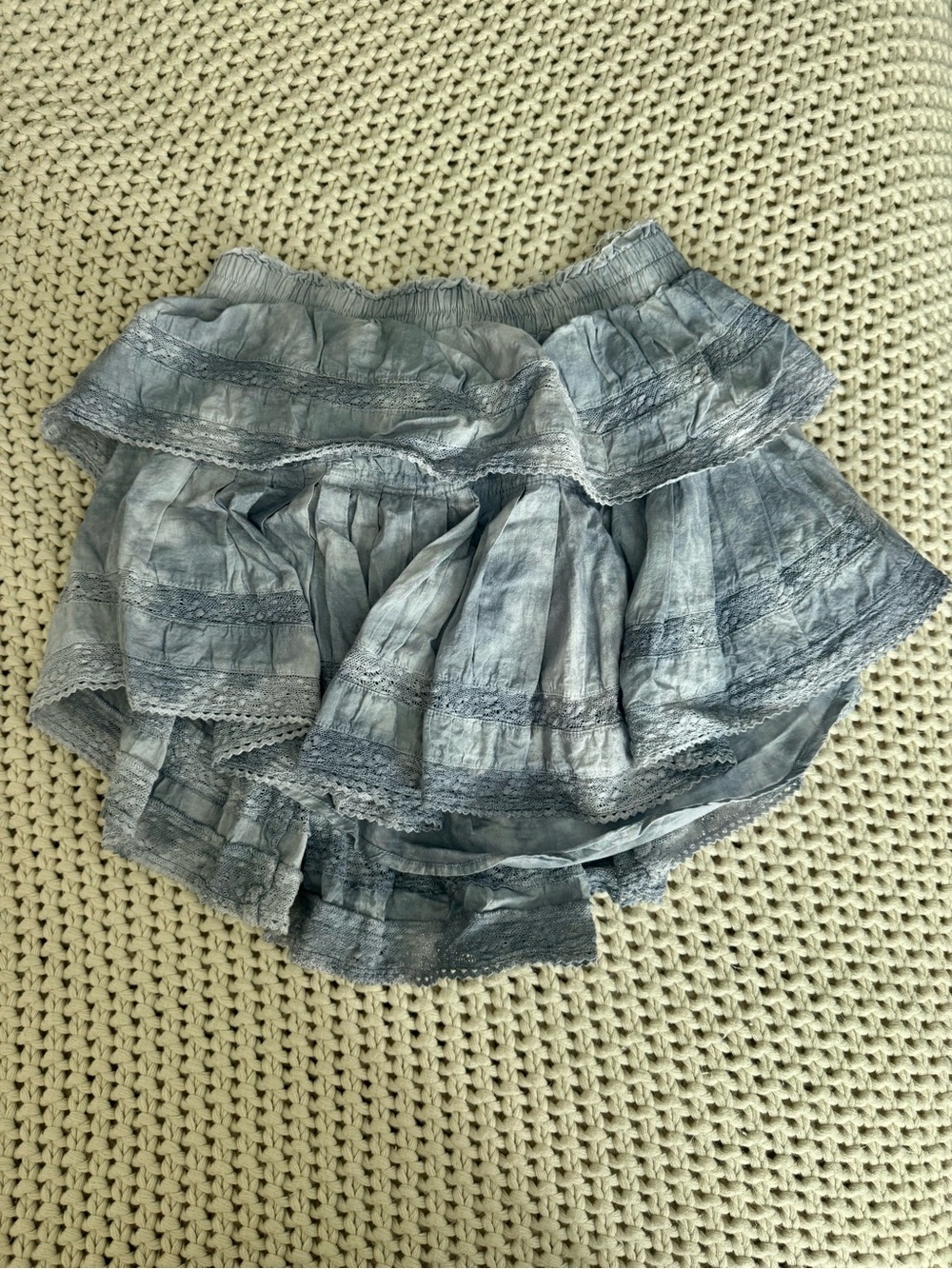 LoveShackFancy indigo tie dye ruffle mini skirt